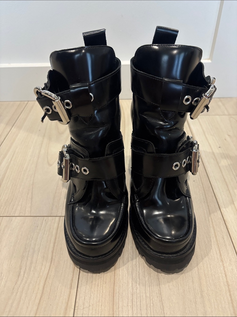 Jeffrey Campbell Black Patent Buckle Platform Heeled Boots